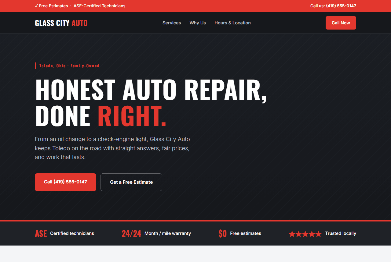 Glass City Auto website homepage