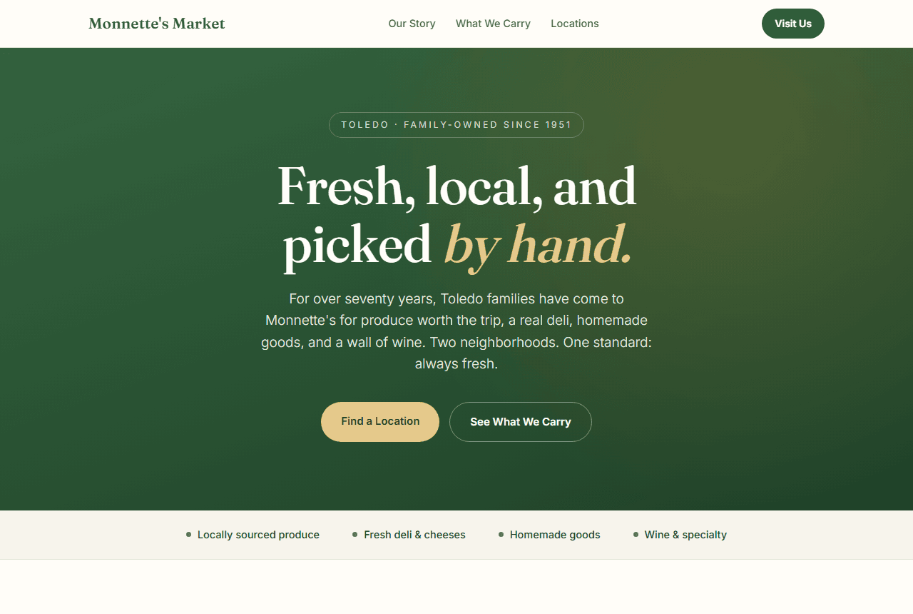 Monnette's Market website homepage